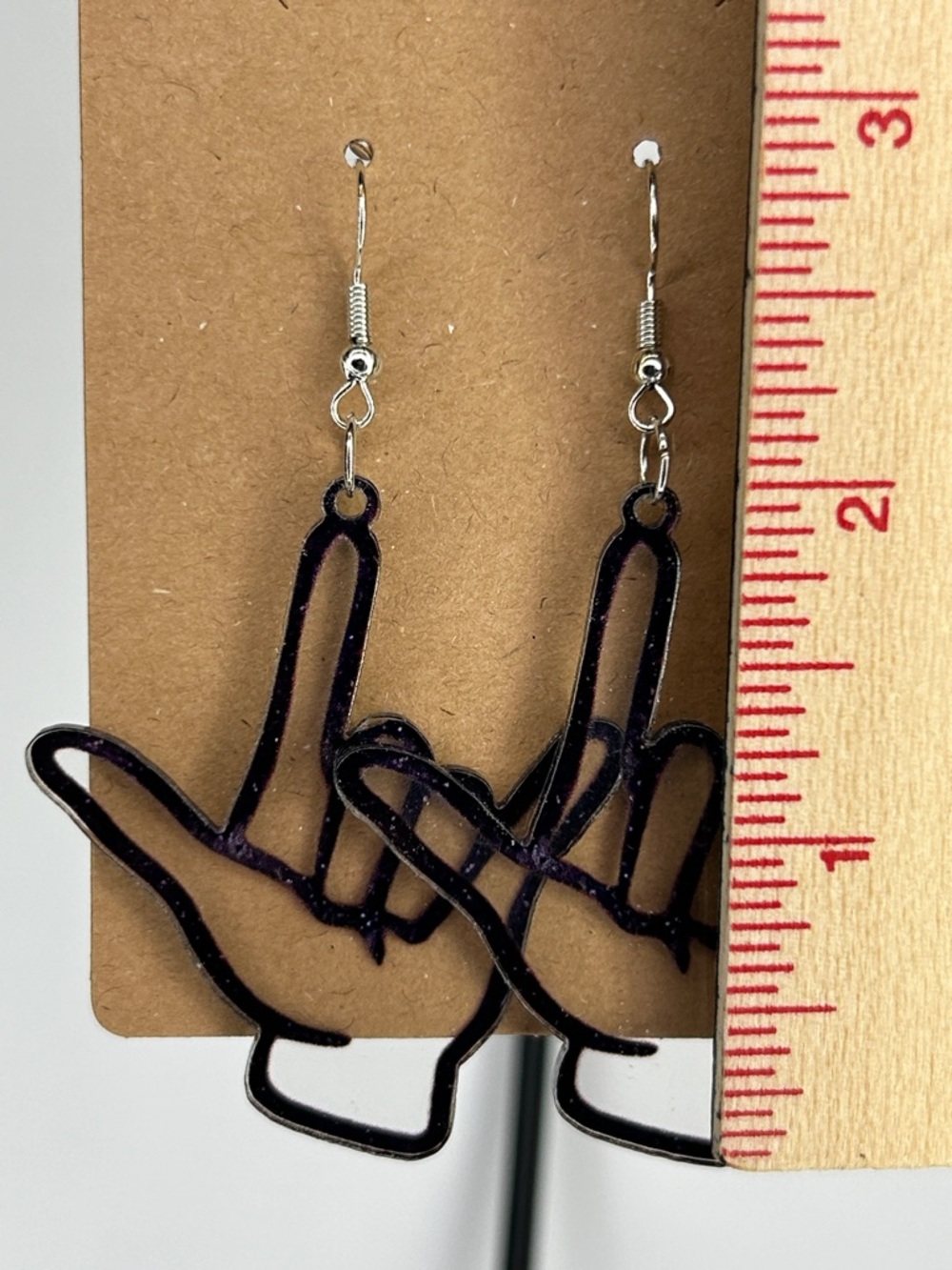 ASL “I Love You” Hand Acrylic Dangle Earrings — Black Outline - Picture 2 of 3
